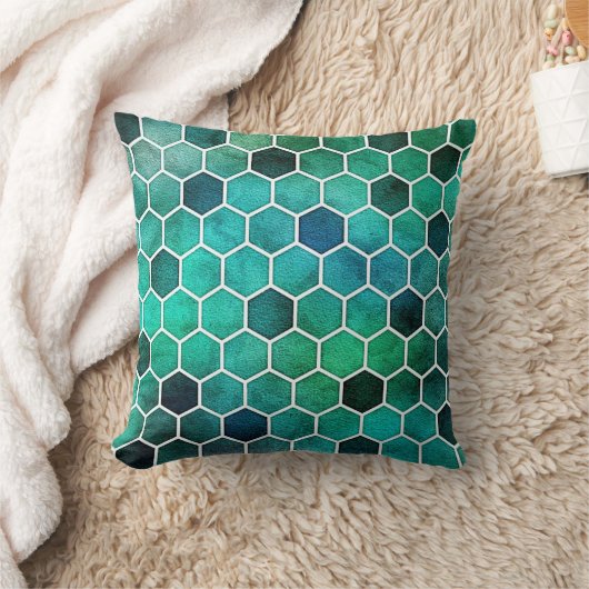 Blue, Aqua, Green Hexagonal Pattern Pillow クッション (ブランケット)