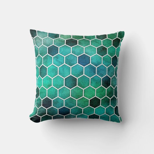Blue, Aqua, Green Hexagonal Pattern Pillow クッション (正面)