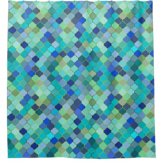 Blue Aqua Moroccan Mosaic Pattern シャワーカーテン (正面)