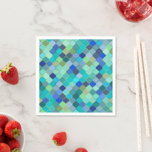 Blue Aqua Moroccan Mosaic Pattern スタンダードカクテルナプキン (インサイチュ)
