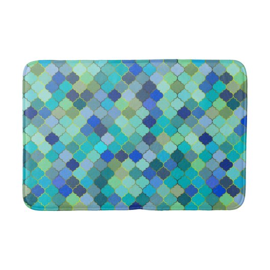 Blue Aqua Moroccan Mosaic Pattern バスマット (正面)