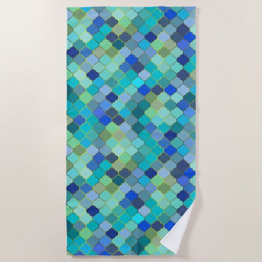 Blue Aqua Moroccan Mosaic Pattern ビーチタオル (正面)