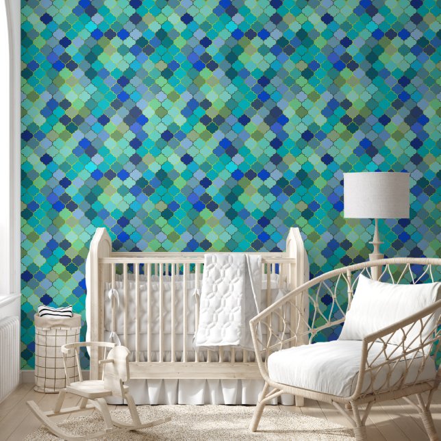 Blue Aqua Moroccan Mosaic Pattern 壁紙 (キッズ)