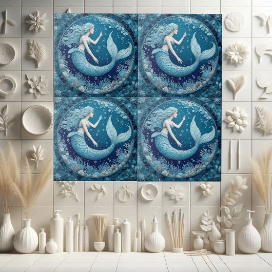 Blue Aquamarine Mermaid Ocean Bubble Mosaic Lustre タイル