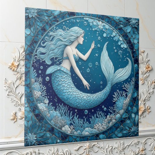 Blue Aquamarine Mermaid Ocean Bubble Mosaic Lustre タイル