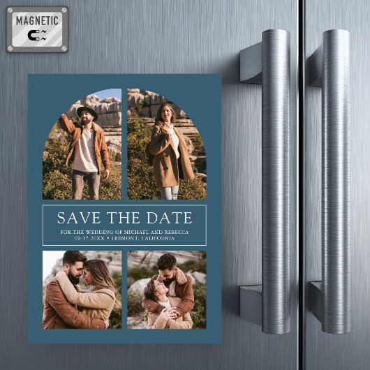 Blue Arch Photo Collage Wedding Save the Date マグネット招待状