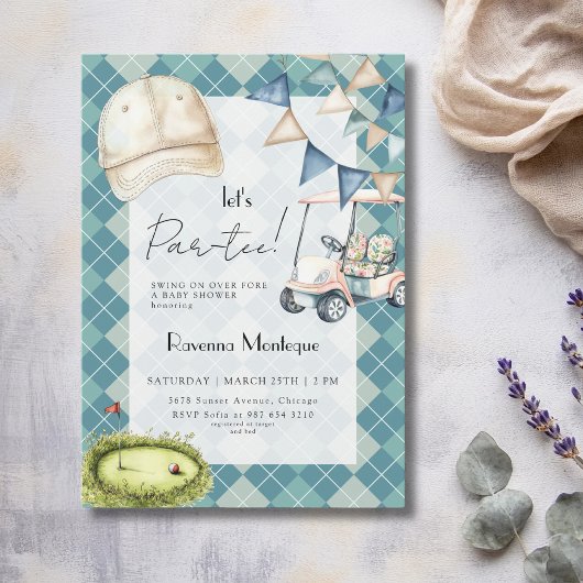 Blue Argyle Golf Cap Flag Lets Par Tee Baby Shower 招待状