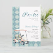 Blue Argyle Golf Cart Lets Par Tee Baby Shower 招待状 (スタンド正面)