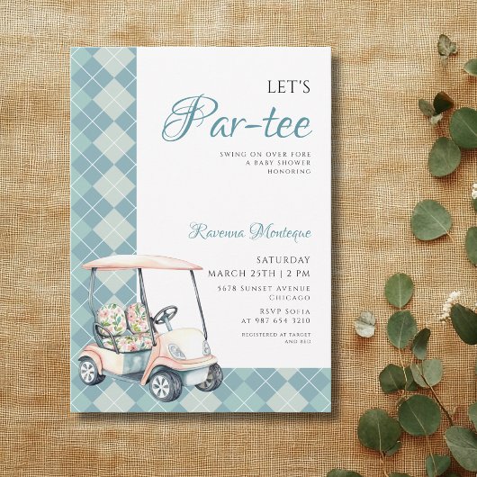 Blue Argyle Golf Cart Lets Par Tee Baby Shower 招待状