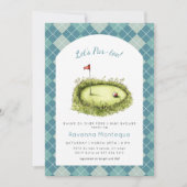 Blue Argyle Golf Hole Lets Par Tee Baby Shower 招待状 (正面)