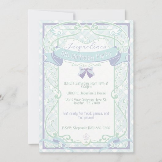 Blue Art Nouveau Princess Birthday 招待状 (正面)