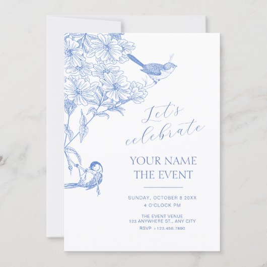 Blue artistic botanical bird  招待状 (正面)