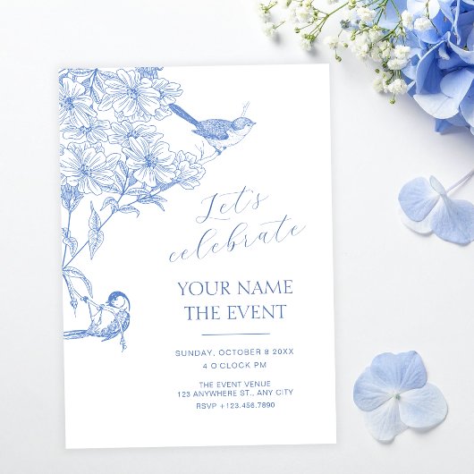 Blue artistic botanical bird  招待状