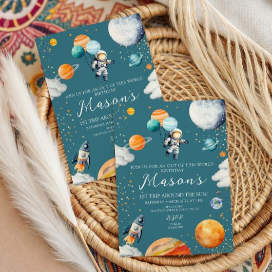 Blue Astronaut Balloon Planets 1st Trip Around 招待状