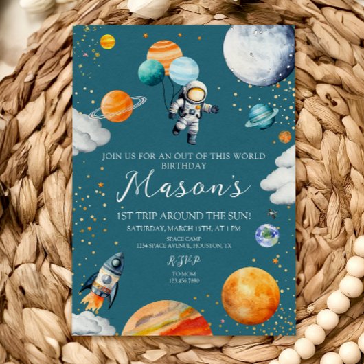 Blue Astronaut Balloon Planets 1st Trip Around 招待状