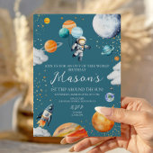 Blue Astronaut Balloon Planets 1st Trip Around 招待状