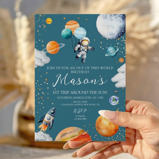 Blue Astronaut Balloon Planets 1st Trip Around 招待状