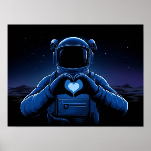 Blue Astronaut Making Heart Sign on Alien Moon ポスター (正面)