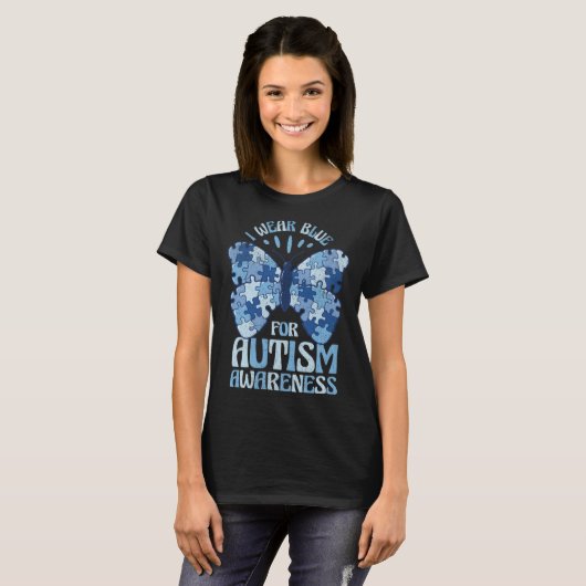 Blue Autism Awareness Butterfly puzzle piece Autis Tシャツ (正面フル)