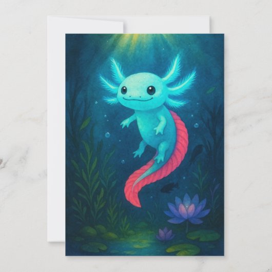 Blue Axolotl with Red Tail in Lotus Birthday 招待状 (裏面)