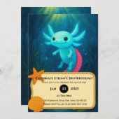 Blue Axolotl with Red Tail in Lotus Birthday 招待状 (正面/裏面)