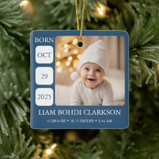 Blue Baby Boy Birth Stats Photo Ornament Keepsake セラミックオーナメント