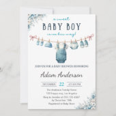 Blue Baby Boy Clothesline Baby Shower 招待状 (正面)
