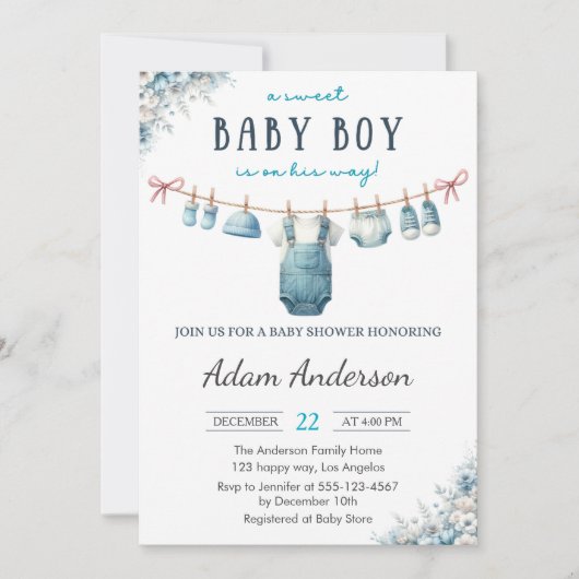 Blue Baby Boy Clothesline Baby Shower 招待状 (正面)