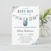 Blue Baby Boy Clothesline Baby Shower 招待状 (スタンド正面)