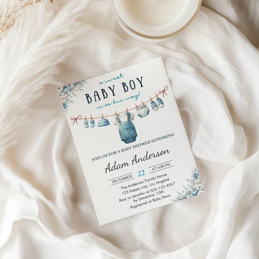 Blue Baby Boy Clothesline Baby Shower 招待状