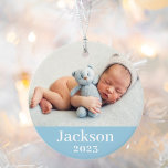 Blue Baby Boy Personalized Name Photo オーナメント<br><div class="desc">Simply elegant photo ornament for baby's First Christmas can be personalized with a newborn photo and custom text for the first name. Choose to include the same photo on both sides or two different photos. The blue background color can be changed to match your photos!</div>