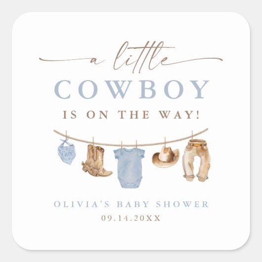 Blue Baby Clothesline Little Cowboy Baby Shower スクエアシール (正面)