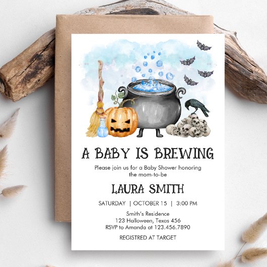 Blue Baby is Brewing Halloween Baby Shower 招待状