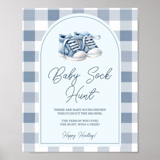 Blue Baby Shoes Gingham Baby Shower Baby Sock Hunt ポスター (正面)