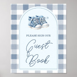 Blue Baby Shoes Gingham Baby Shower Guest Book ポスター