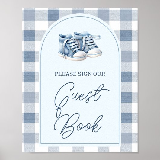 Blue Baby Shoes Gingham Baby Shower Guest Book ポスター (正面)