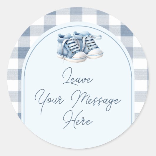 Blue Baby Shoes Gingham Baby Shower Your Message ラウンドシール (正面)
