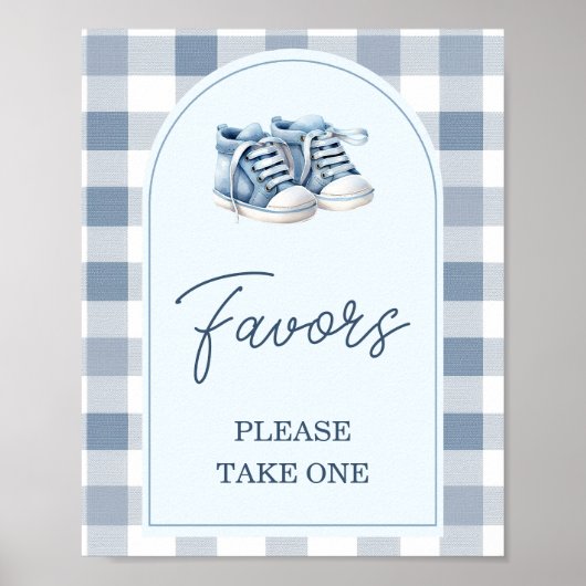 Blue Baby Shoes Gingham Booties Baby Shower Favors ポスター (正面)