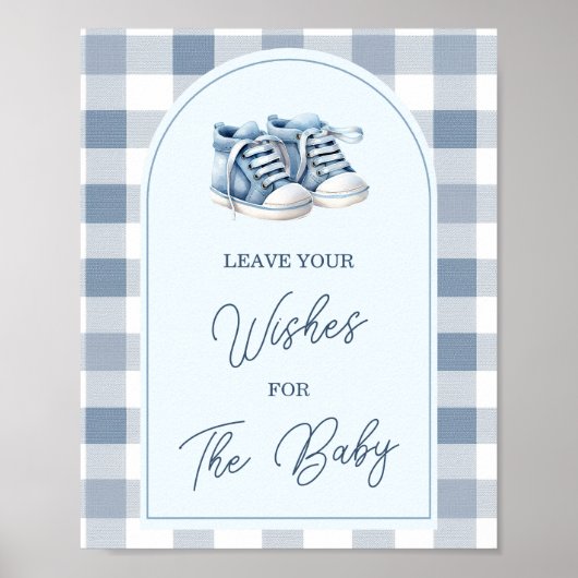 Blue Baby Shoes Gingham Booties Leave Your Wishes ポスター (正面)