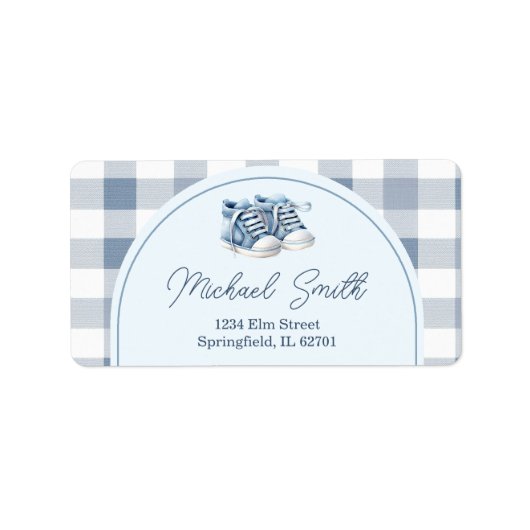 Blue Baby Shoes Gingham Boy Baby Shower Address ラベル (正面)