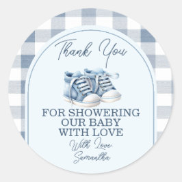 Blue Baby Shoes Gingham Boy Baby Shower Thank You ラウンドシール