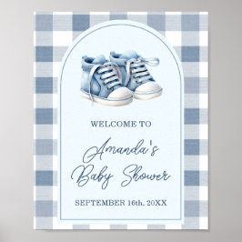 Blue Baby Shoes Gingham Boy Baby Shower Welcome ポスター