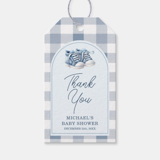 Blue Baby Shoes Gingham Boy Booties Baby Shower ギフトタグ (正面)