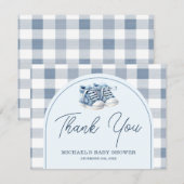 Blue Baby Shoes Gingham Boy Booties Baby Shower サンキューカード (正面/裏面)