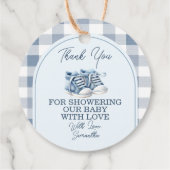 Blue Baby Shoes Gingham Boy Booties Baby Shower フェイバータグ (裏面)