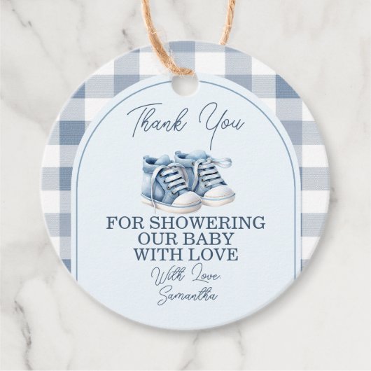 Blue Baby Shoes Gingham Boy Booties Baby Shower フェイバータグ (正面)