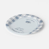 Blue Baby Shoes Gingham Boy Booties Baby Shower ペーパープレート (アングル)