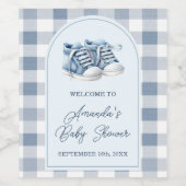 Blue Baby Shoes Gingham Boy Booties Baby Shower ワインラベル (シングルラベル)