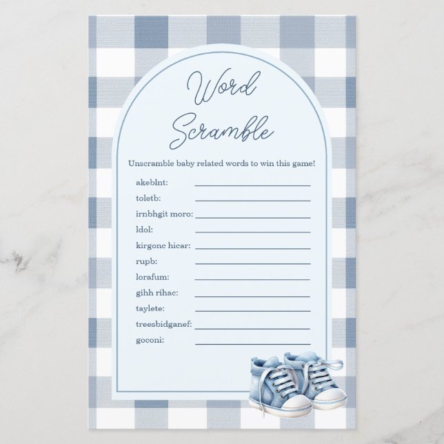Blue Baby Shoes Gingham Word Scramble Game (正面)
