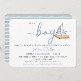 Blue Baby Shower Invitation with Sailboat & Stripe 招待状